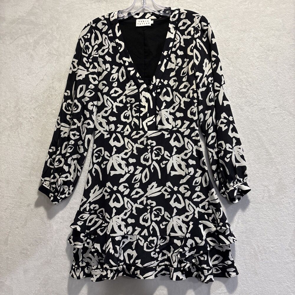Tanya Taylor Block Print Mel Mini Dress Long Sleeve Black White Silk Women's 4